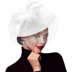 DRESHOW Fascinators Hat Mesh Veil Feathers Hat with a Headband and a Clip Tea Party Headwear for Women (Folded Style 1: White / 7.9")