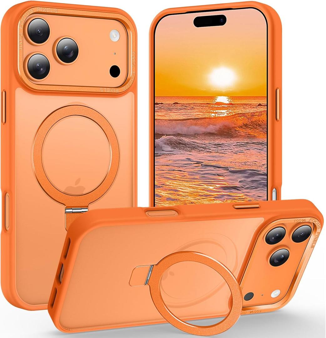 Lufanbis Magnetic for iPhone 17 Pro Case with Ring Stand, [10 FT Drop Protection] [Velvety Touch] Slim Translucent Matte Back Shockproof Phone Case for iPhone 17 Pro 6.3'', Orange