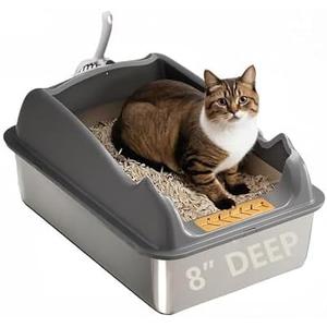 8" Deep Stainless Steel Litter Box with Lid, XL Litter Boxes for Big Cats, Metal High Sided Litter Box, Anti-Stick and Anti-Leak, Easy to Clean, Dark Gray