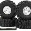 HOBBYSOUL 64mm Mud Slingers 1.0 tires & Heavy Adjustable Offset 1.0 beadlock wheels Rims, Negative Offsets 1.0 wheels and tires For RC Crawler 1/24 SCX24 & 1/18 TRX4M (Silver)