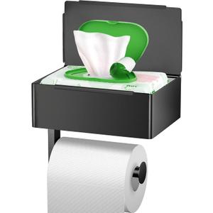 Toilet Paper Holder with Shelf - SUS304 Stainless Steel Toilet Paper Storage with Wipes Dispenser & Toilet Paper Roll Holder Wall Mount for Bathroom Storage, No Drill to Install - Matte Black