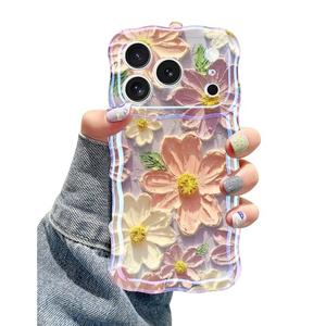 Jusy Case for iPhone 17 Pro Max, Colorful Retro Oil Painting Printed Flower Laser Blue Glossy Pattern Cute Curly Wave Phone Case Soft TPU Cover for Girly Women - Light Purple
