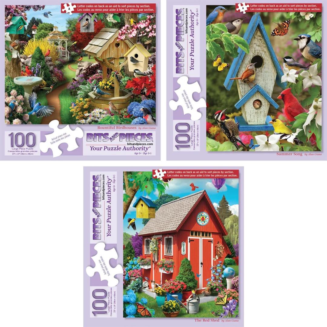 Bits and Pieces 100 Piece Puzzles for Adults - Alan Giana 3-Pack - 100 Extra Large Pieces 15" x 19" Jigsaw Puzzles, Beautiful Birdhouses, No 2 Pieces Alike