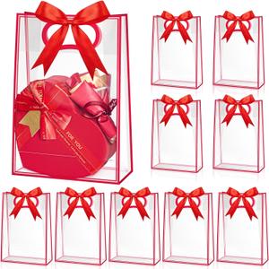 Ohuimrt 12 Pack Clear Plastic Gift Bags with Handles, Reusable Party Favor Bags with Ribbon for Birthday, Wedding, Bachelorette Party, 10.2 x 7.1 x 3.1 Inch (Red)