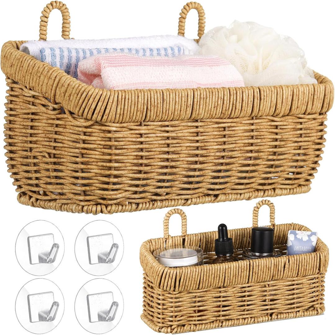 Tioncy 2 Pcs Woven Hanging Wall Baskets for Storage Boho Style Hanging Storage Plastic Woven Baskets with 4 Hooks for Kitchen Garden Living Room, Size: Boho