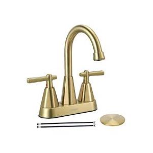 Brushed Nickel Bathroom Sink Faucet, SBOSBO 4 Inch Bathroom Faucet for Sink 3 Hole, 2 Handle Sink Faucet with Pop Up Drain Assembly and 2 Water Supply Hoses for RV Bathroom Vanity, Brushed Nickel, Brushed Gold 