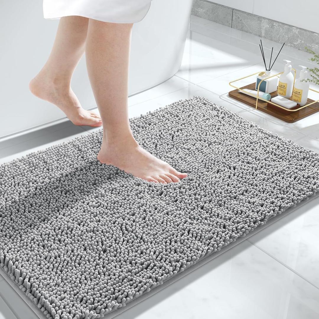 Yimobra Chenille Bathroom Rugs - 32"x20" Super Luxury Soft & Absorbent Quick Dry - Non Slip Bath Mat for Tub Shower - Machine Washable - Gray (Grey)