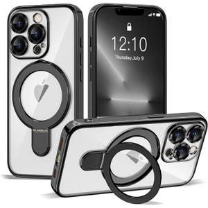 Compatible with iPhone 13 Pro Case with Invisible Magnetic Ring Stand [Compatible with Mag-Safe] [Full Camera Lens Protector] Plating Clear Phone Case for iPhone 13 Pro 6.1", Black