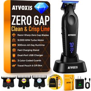 Zero Gap 9,000 RPM Brushless Professional T Blade Trimmer for Men: Cordless Hair/Beard Clipper Edger Liner Outliner with LED Display 300min Runtime Fast Charging Stand Travel Pouch