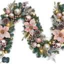 Christmas Garland with Lights, 6ft Prelit Outdoor Christmas Garland with Timer 20 LED Lights Pinecones Rose Gold Ball Ornaments for Mantle Fireplace Stairs Railing Indoor Decorations, Battery Operated