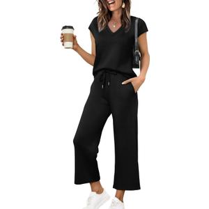 Saloogoe Two Piece Sets for Women Summer Outfits Lounge Sets V Neck Tops Wide Leg Pants Woman Vacation Travel Outfits (Large, Black) Saloogoe Two Piece Sets for Women Summer Outfits Lounge Sets V Neck Tops Wide Leg Pants Woman Vacation Travel Outfits (Large, Black)