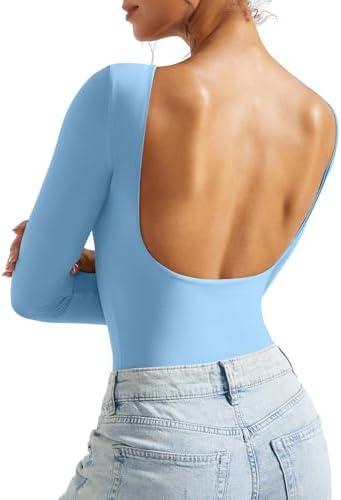 SUUKSESS Women Backless Y2k Long Sleeve Bodysuit Double Lined Open Back Sexy Basic Top Size S