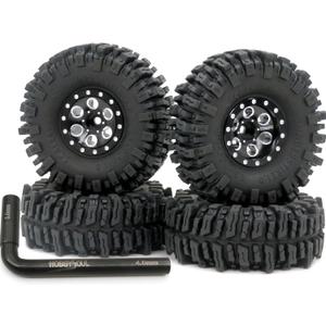 HOBBYSOUL 64mm tall 1.0 mud slingers tires and Adjustable Offset 1.0 beadlock wheels, 1.0 tires Heavy 1.0 beadlock wheels Rims For RC Crawler 1/24 SCX24 1/18 TRX4M Upgrade (Black)