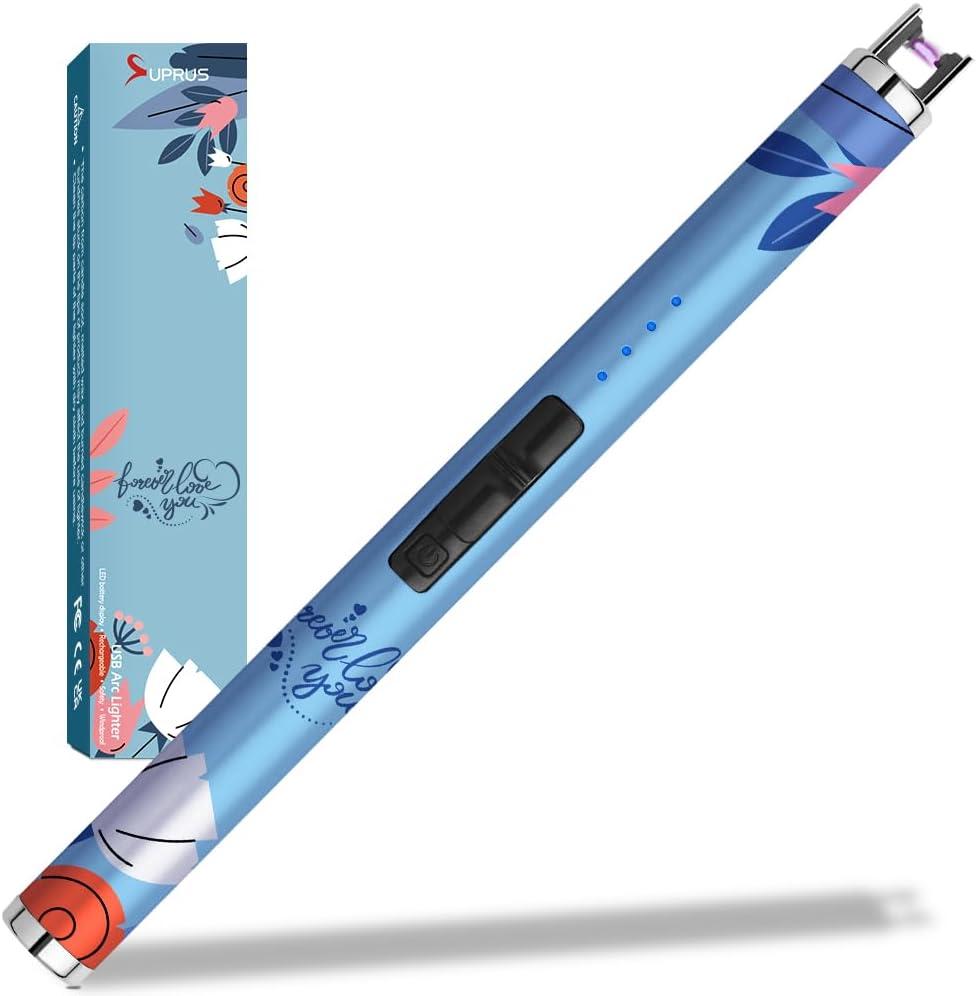 SUPRUS Candle Arc USB Type C Lighter Electric Lighter with Upgraded LED Battery Display Safety Switch Rechargeable Flameless Plasma Windproof Portable for Mothers Day (Blue)