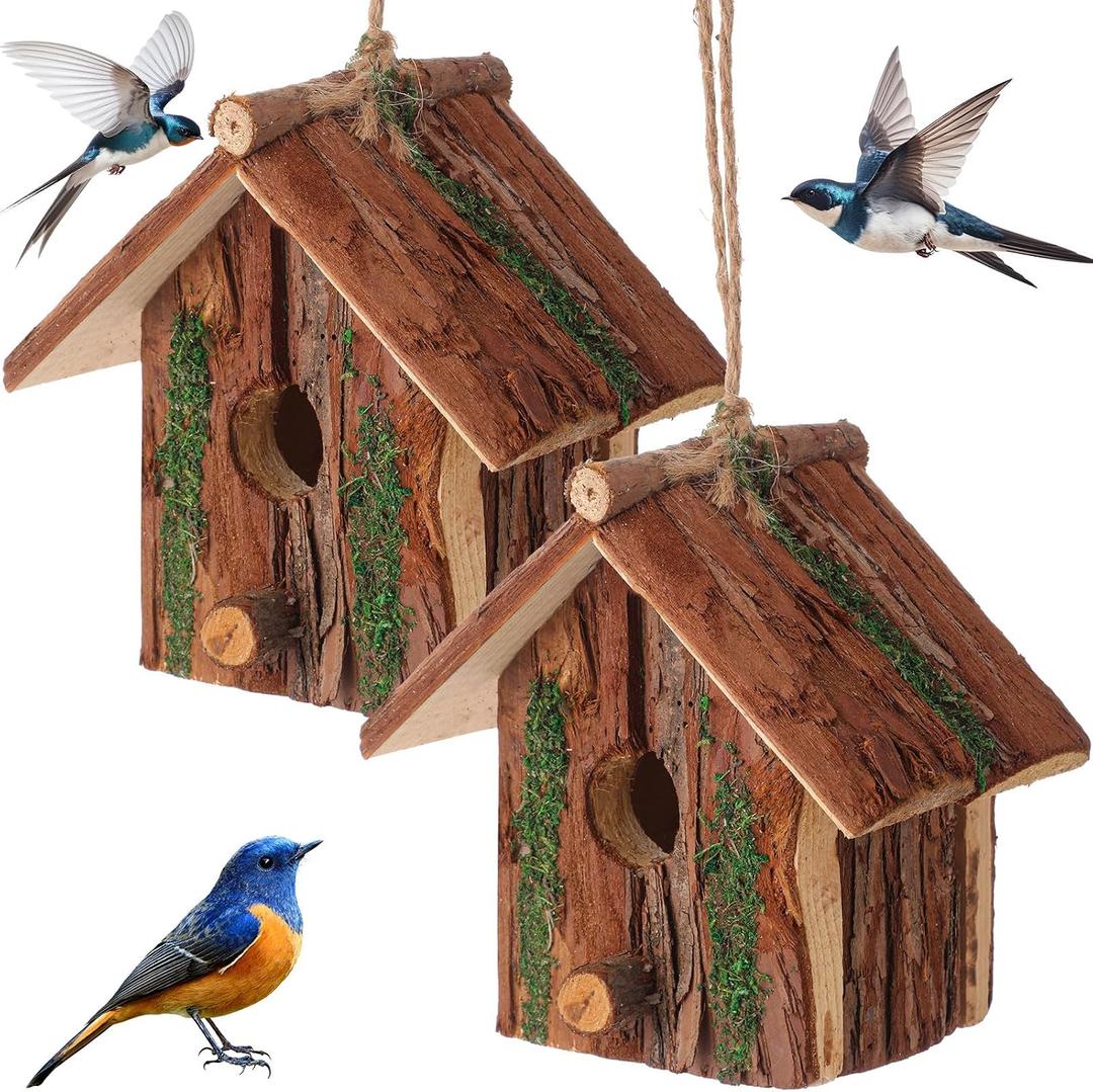 DoubleFill 2 Pcs Birdhouses for Outside Wooden Bird House with Moss Accent Hanging Design Birdhouse Natural Bark Finish Warm and Waterproof Rustic Bluebird House Cardinal Wren Hummingbird Garden