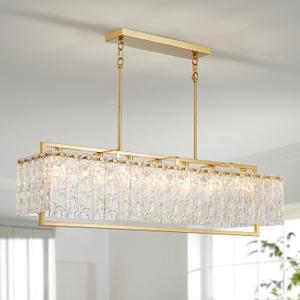 Shrine Lighting Gold Glass Chandeliers, Modern Design, Rectangular Chandelier for Living Space, L39.1''  W10.2''  H19.5'', Adjustable 50.8'', 7 x E12 Sockets, Glass LampShade & Brass Finish Frame