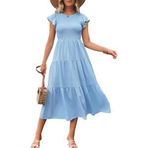 Women's Summer Casual Flutter Sleeve Crew Neck Smocked Maxi Dress Tiered Ruffle Flowy A-Line Long Dresses (Light Blue, Large)