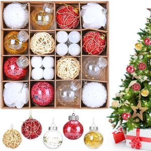 30Pcs Christmas Balls Ornaments Set, Assorted Shatterproof Christmas Ornaments, Colorful Xmas Tree Decoration with Hanging Loop for Wreath Holiday Home Decor, Red & Gold & White