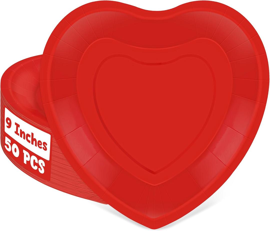 QZYL 50 PCS Valentines Paper Plates, 9-inch Valentines Red Heart Plates, Disposable Heart Shaped Paper Decor, Birthday Party Decorations Wedding Table Decor Party Supplies Love Party Decor