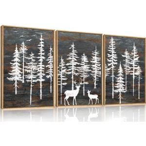 Modern White Forest Framed Canvas Wall Art Set, Minimalist Woodland Art Painting, Retro Tree Landscape Wall Decor, Wildland Deer Artwork for Living Room, Dining Room, Office-16 x24 x3