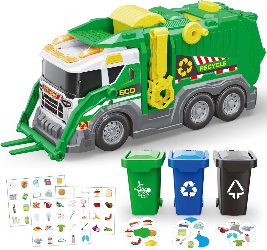2pcs Garbage Truck Toys for Kids 3 4 5 6 7 8 Years Old Boys Toy Trucks Set with Sound and Light,Toddlers Birthday Gifts for Boys & Girls Learning Toys,Includes 3 Trash Bins