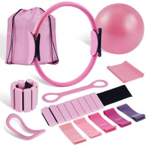 Pilates Kit Pilates Essentials Kit for Women 13 PCS Pilates Ring and Ball Set with Resistance Band, Adjustable Ankle Wrist Weights, Stretch Ring, Exercise Bands, Pilates Equipment for Home Workouts