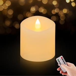 3x3 Flickering Flameless Candles Set of 1, 2AA Battery Life 600 Hours Battery Candles Flickering with Timer,3 inch Flameless Candles with Remote for Indoor/Outdoor, Ivory