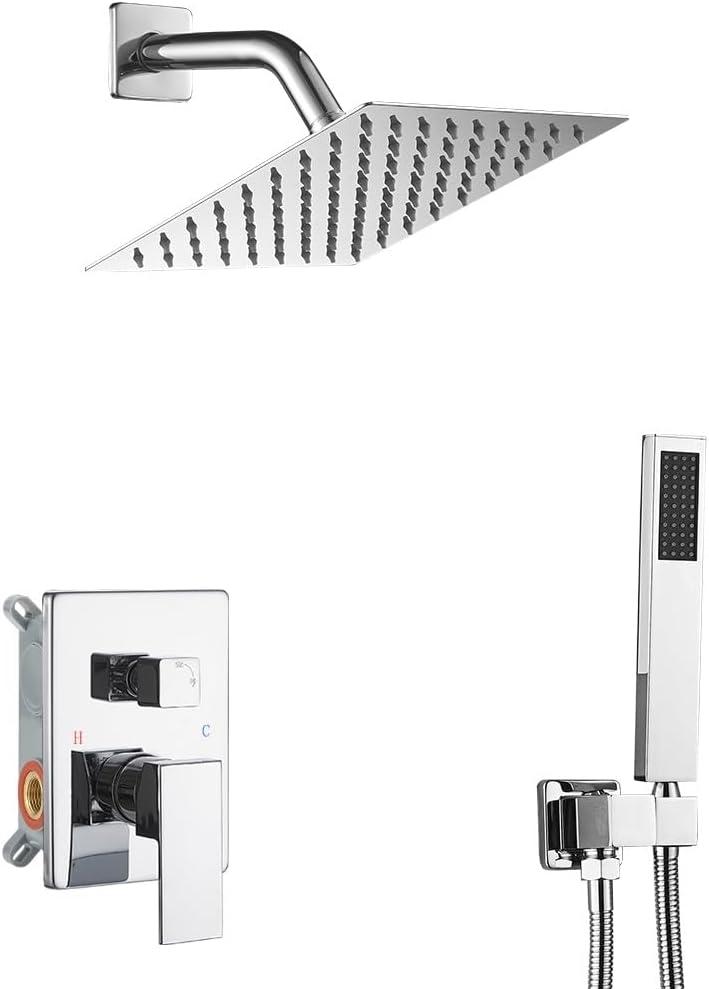 Shower System Polished Chrome Bathroom Rainfall Shower Faucet Set Complete Wall Mounted 6 Inch Shower Head and Handle Set with Rough-in Valve Body and Trim Kit