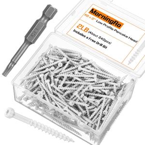 MorningRo #8 x 2 (Approx. 240 Pcs) White Trim Screws 2 lb Box, Durable Wood Screws, Serrated Thread for Secure Fastening, Avoid Cam Out, with a Drill Bit
