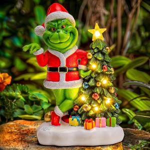Green Monster Solar Garden Statue with Christmas Tree and 6 LED Lights - Outdoor Figurine - Glossy Resin - Waterproof - Spot Clean - Christmas Decor