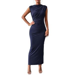 BTFBM Women Ruched Bodycon Maxi Dresses Summer Casual Sleeveless Lightweight Slit Elegant Cocktail Wedding Guest Dress(Navy, X-Large)