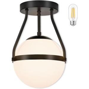 Bagood 8 Inch Mid Century Ceiling Light Modern Semi Flush Mount Ceiling Light Fixture Globe Ceiling Light Fixture with Milk Glass Shade Matte Black Finish for Kitchen Island Hallway Laundry(Bulb Incl)