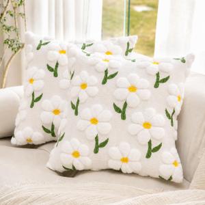 Spring Summer Pillow Covers 18x18 inch Set of 2, White Daisy Floral Sunflower Pillow Cases, Soft Plush Faux Fur Jacquard Throw Pillows for Sofa Couch Holiday Spring Home Decor