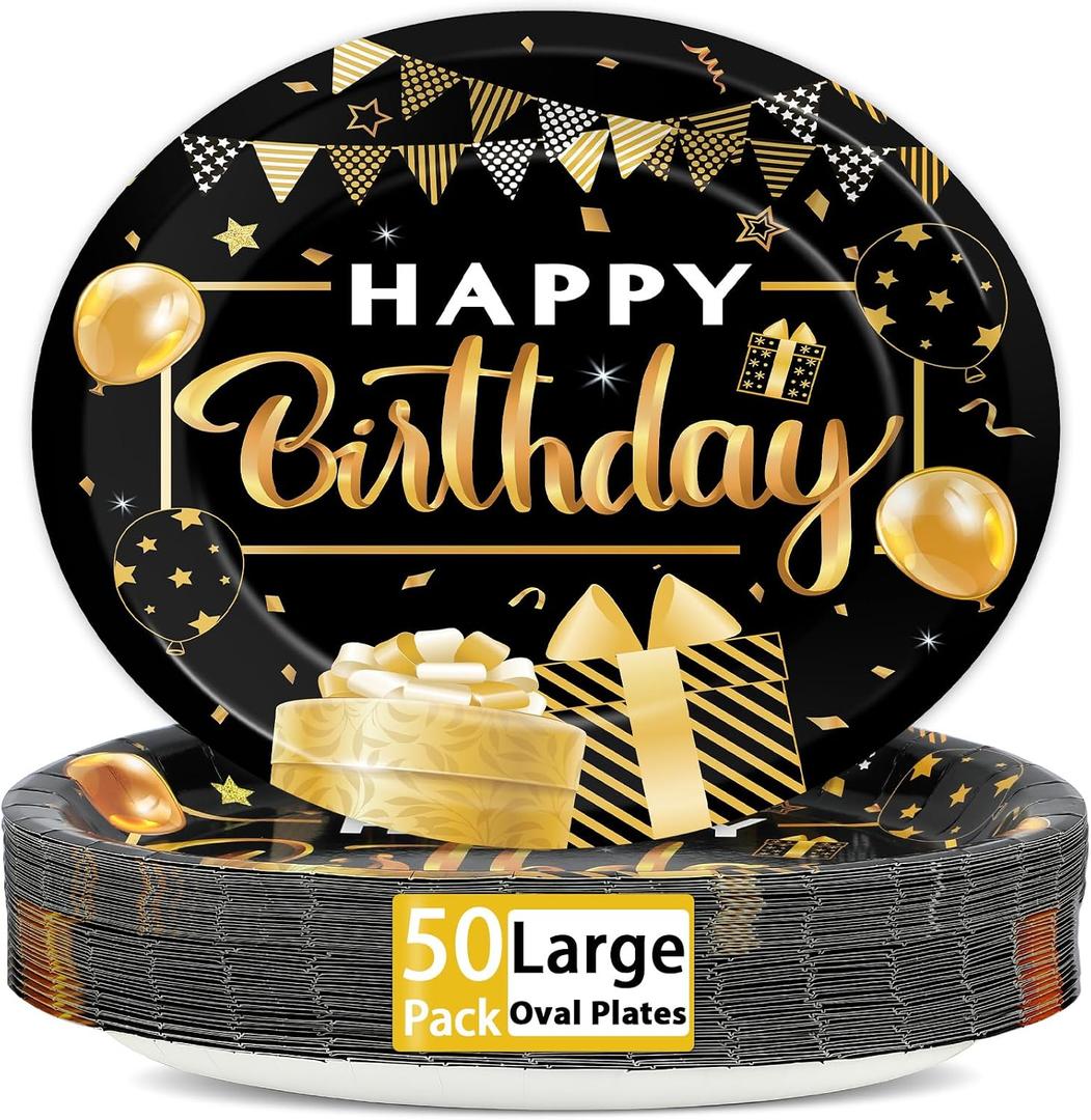 50PCS Black and Gold Birthday Oval Paper Plates 11inch Large Black Party Decorations Platters, Happy Birthday Party Heavy Duty Dish Tray for Men Women Gathering BBQ Dinner Tableware Supplies