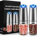 XinXu Gravity Electric Pepper and Salt Grinder Set, Salt/Pepper Mill & Adjustable Coarseness, Battery Powered with LED Light, One Hand Automatic Operation, (Set/Silver)