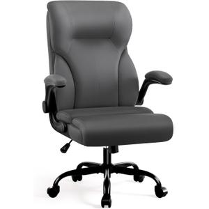 Executive Office Chair, High Back Ergonomic Comfy Desk Chair with Padded Flip-up Armrests and Wheels, PU Leather Heavy Duty Computer Swivel Rolling Task Chair for Home Office, Adults, Gray (Grey)