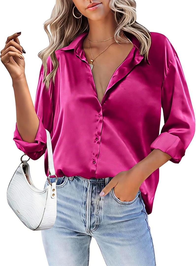 HOTOUCH Women Satin Silk Button Down Shirt Ladies Long Sleeve Tops V Neck Loose Blouse Dressy Business Casual Work Tunic Fall, A-hot Pink, X-Large