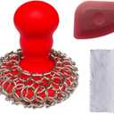 316 Upgraded Chainmail Scrubber with Silicone Handle Cast Iron Cleaner for Cast Iron Grill Pan Skillet Wok Bakeware Ergonomic to Hold Easy to Use Dishwasher Safe, Scrubber + Scraper + Towel (Red)