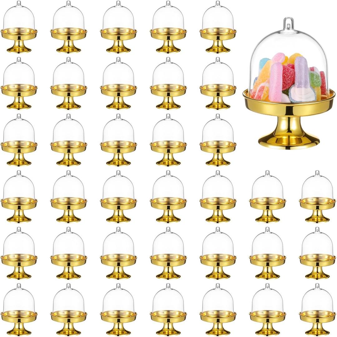 36Pcs Plastic Mini Cake Stand with Dome Cover, Chocolate Candy Cupcake Containers, Clear Small Cake Display Stand for Chocolate, Dessert, Wedding, Birthday, Tea Party Supplies (Gold)