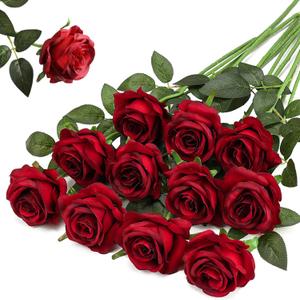 Burgundy Fake Roses Artificial Flowers - 10 Pcs Fake Artificial Roses Silk Flowers with Stems for Home Wedding Hotel Office Centerpiece DecorBurgundy