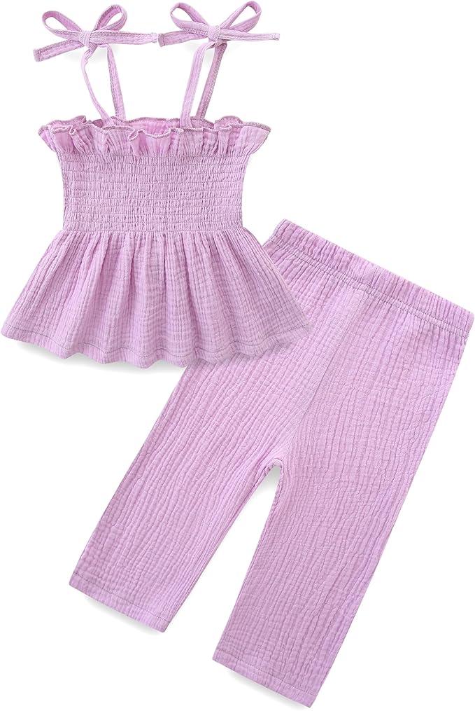 Toddler Girl Summer Clothes Solid Color Sweet Camisole Ruffle 2-Piece Infant Cotton Linen Pants Set 9-12M