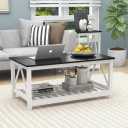 Farmhouse Coffee Table, Black and White Coffee Table for Living Room, 2-Tier Rectangular Wooden Centre Cocktail Table with Slats Shelf Storage and V-Shaped Frame Modern Coffee Tables Oak Black
