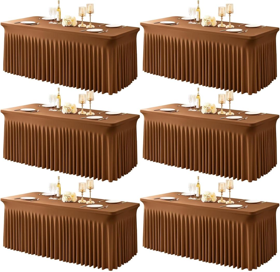 6 Packs Brown Table Clothes for 8 Foot Rectangle Tables, One-Piece Wrinkle Resistant Stretch Spandex Table Covers with Skirt for Event Banquet Wedding Birthday Party