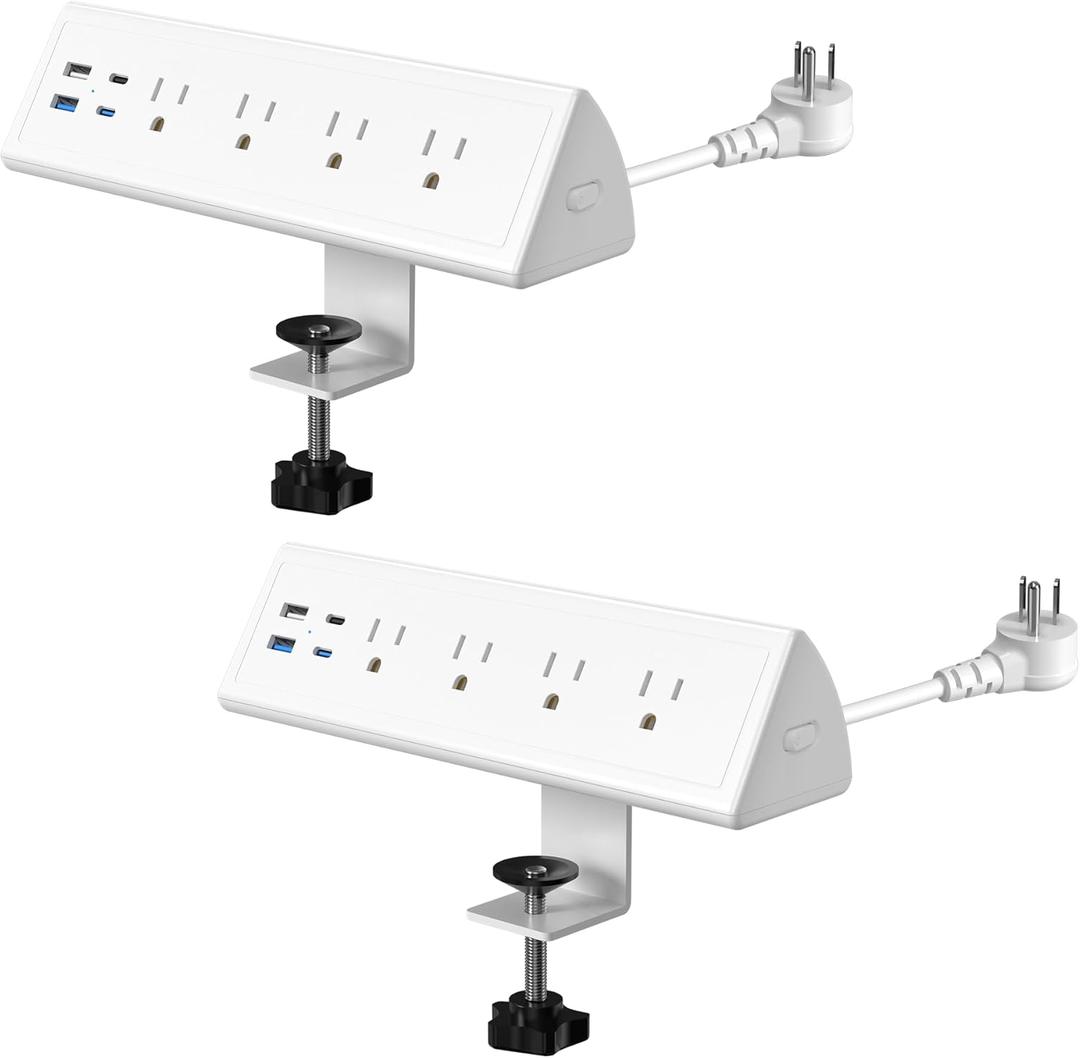 Jgstkcity Desk Clamp Power Strip,20W Fast Charging Station,Surge Protector Nightstand Edge Mount,1875W Extension Cord with Multiple Outlets,2 USB-C,2 USB-A,for Home Office (White, 2PCS-6 FT)