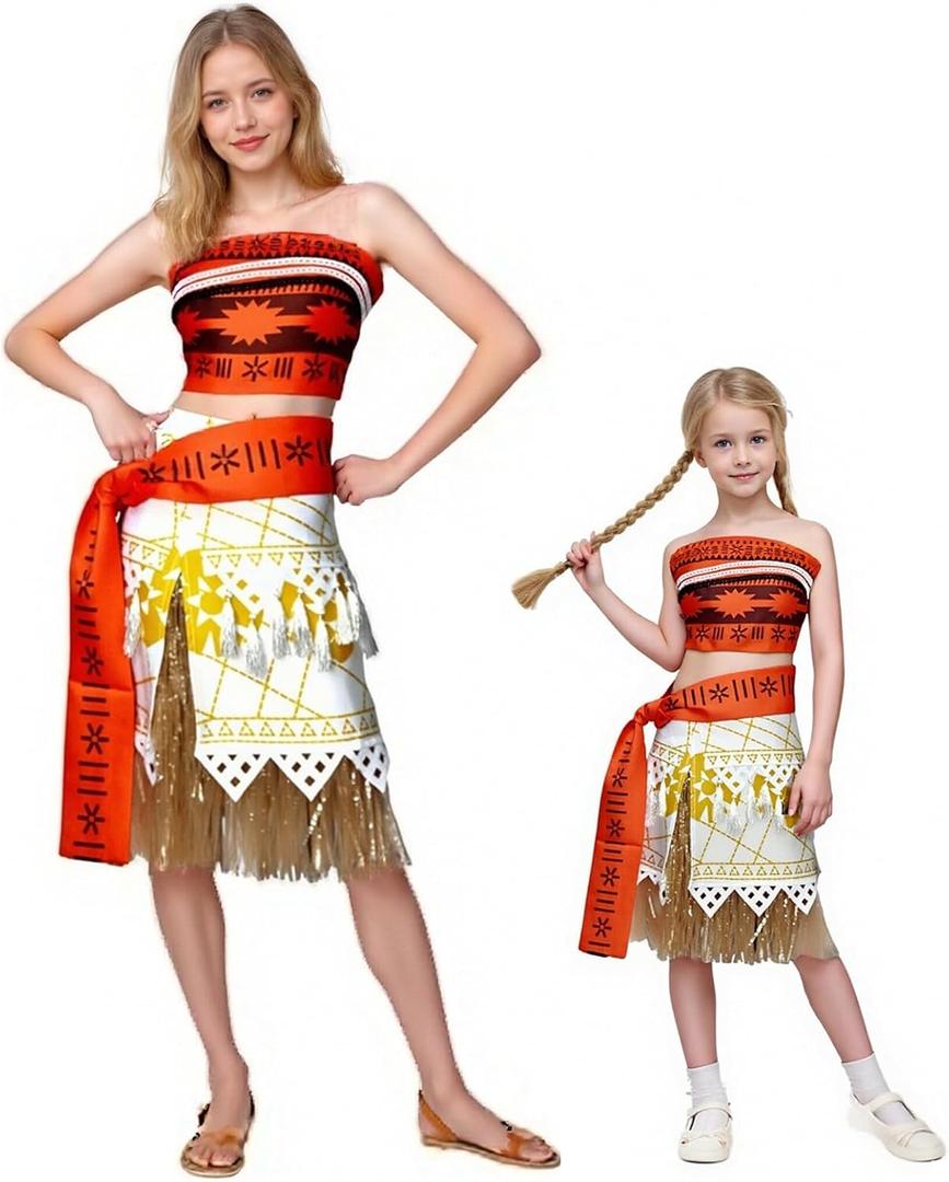 Womens Island Princess Costume Dress Hawaiian Adventure Dress with Necklace Halloween Party Outfits Full Set (160, Orange)