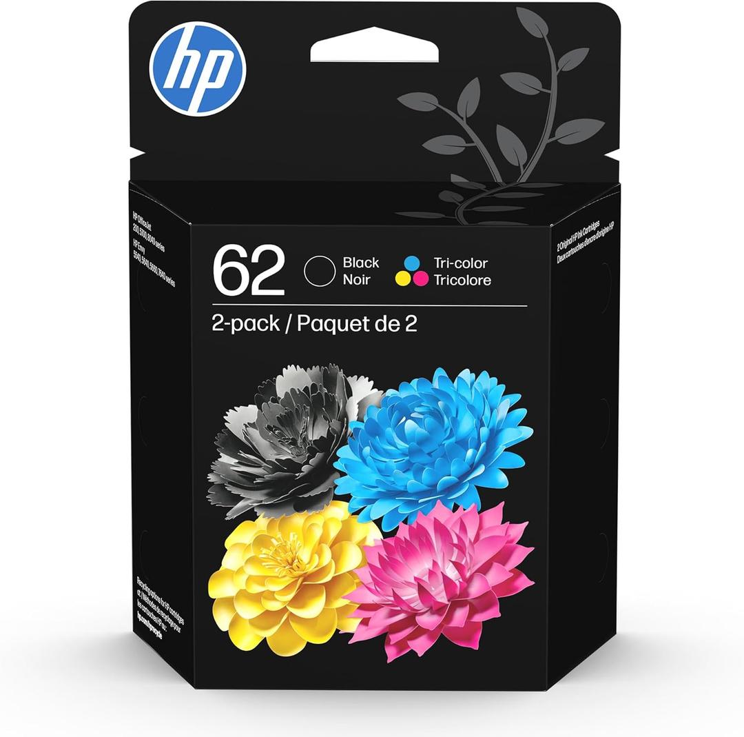 HP 62 Black/Tri-Color Ink (2-Pack) Works with Envy 5540, 5640, 5660, 7640, OfficeJet 5740, 8040, OfficeJet Mobile 200, 250 Instant Ink Eligible N9H64FN