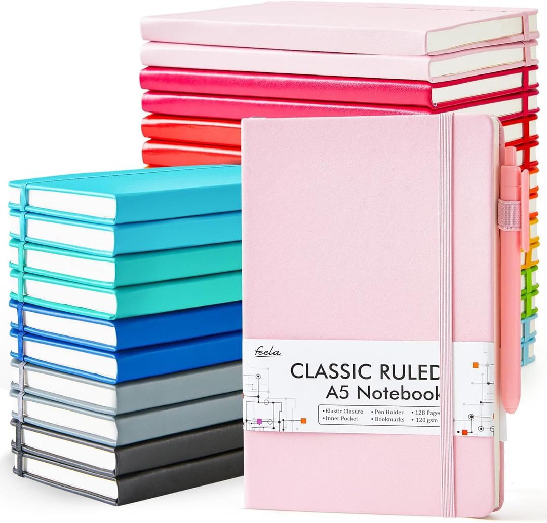 feela 24 Pack Journal Notebook Bulk for Work, Business Notebook Hardcover Lined Writing Journal with Pen Holder for Students Women Note Taking, with 24 Black Pens, 120 GSM, 5.1x8.3, A5, Solid Colors