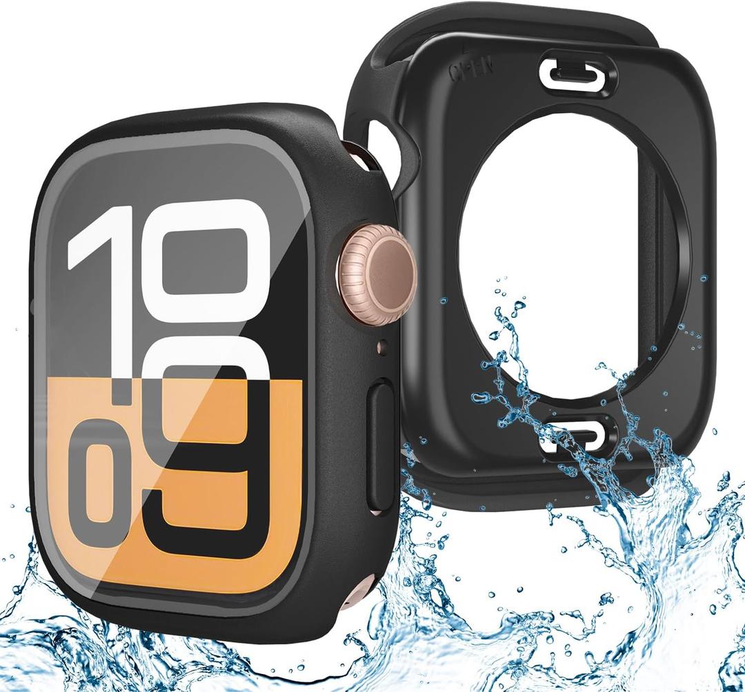 3 in 1 Waterproof Case for Apple Watch Screen Protector 46mm Series 10/Series 11,with Tempered Glass,[360 Protective Front and Back] PC Bumper Face Cover Compatible iWatch Accessories (Matte Black)