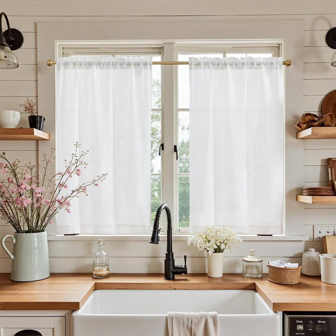 jinchan Kitchen Curtains Linen Tier Curtains 45 Inch Farmhouse Cafe Drapes for Small Window Flax Country Rustic Rod Pocket Bathroom Laundry Room RV Light Filtering 2 Panels White, 26"W x 45"L