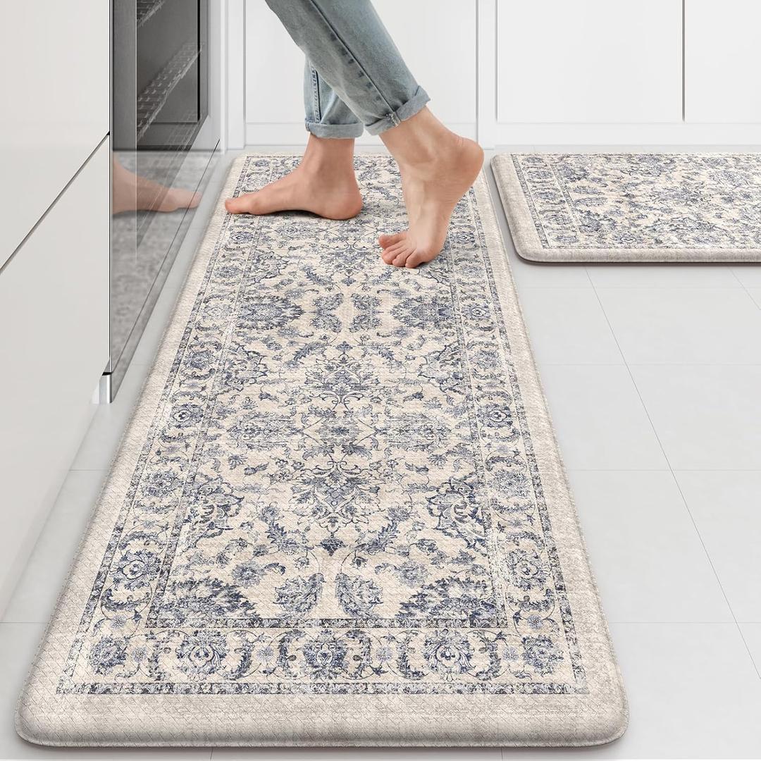 KIMODE Anti Fatigue Kitchen Mats for Floor, Boho Floral Kitchen Rugs 17"x29.5"+17" x47, Cushioned Mats for Kitchen Floor, Non Slip Kitchen Floor Mats, Sink, Laundry, Office, Desk Blue Multi